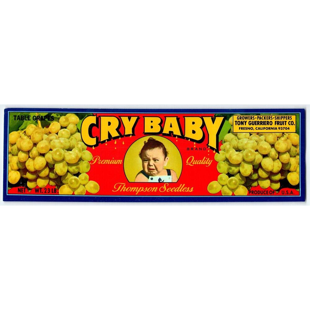 Cry Baby Grapes Fruit Crate Label Original Vintage Child Infant Weeping 1950's
